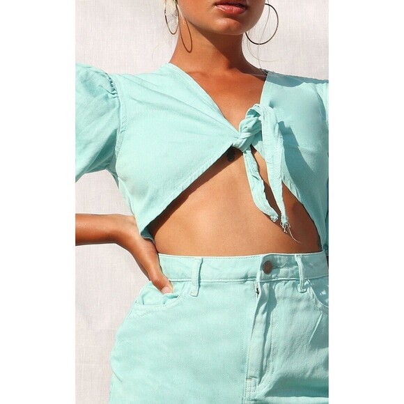 PrettyLittleThing Romper Womens 10 NWT Acid Green Cut-Out Front Denim Playsuit - Picture 3 of 13